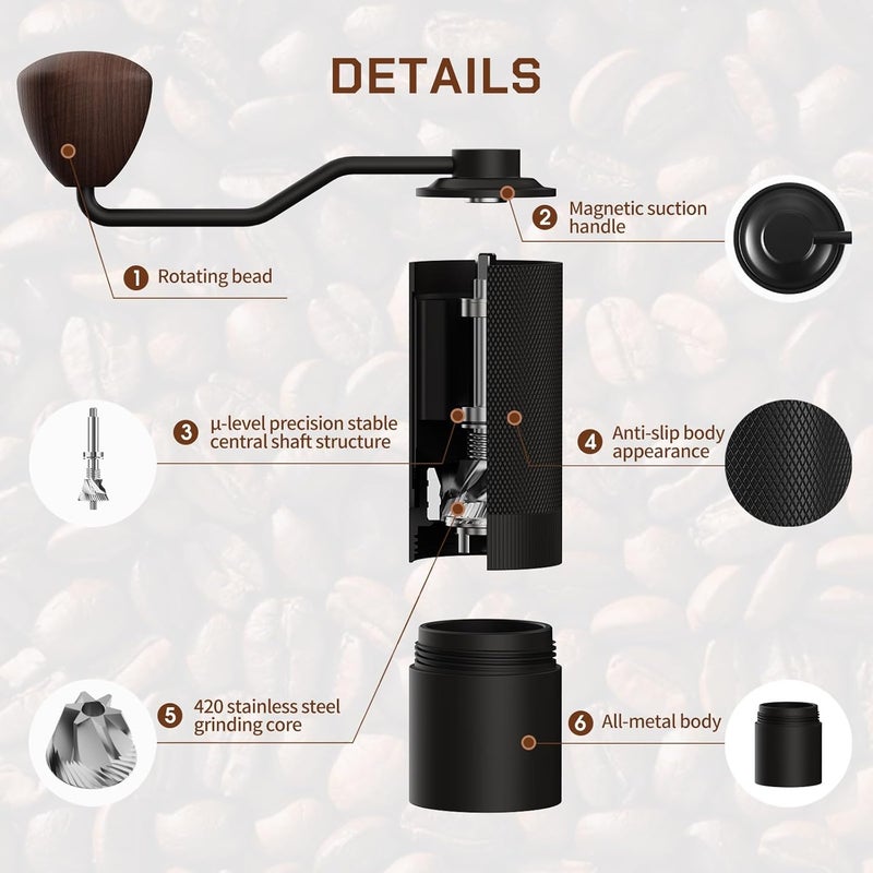 MAVO Manual Coffee Grinder, Wizard Hand Coffee Grinder, Capacity 25g with 2PCS CNC Stainless Steel Conical Burr -Pentagon and Hexagonal, Burr Coffee Bean Grinder for French Press, Pour Over, Black - Image 3